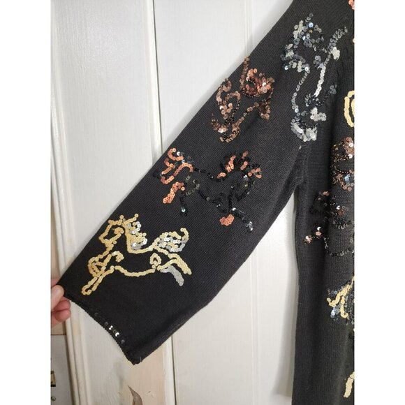Vintage 90s Michael Simon Sz Medium Horse Sequin Knit Cardigan Sweater - Picture 5 of 7